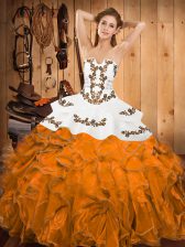 Pretty Sleeveless Floor Length Embroidery and Ruffles Lace Up Quinceanera Dress with Orange