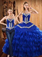  Blue Ball Gowns Embroidery and Ruffled Layers Sweet 16 Dresses Lace Up Tulle Sleeveless Floor Length