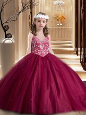 Gorgeous Floor Length Ball Gowns Sleeveless Wine Red Kids Formal Wear Lace Up