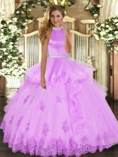 Fabulous Lilac Ball Gowns Tulle Halter Top Sleeveless Beading and Ruffles Floor Length Backless 15 Quinceanera Dress