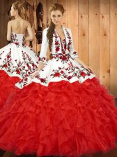 Free and Easy Sleeveless Tulle Floor Length Lace Up 15th Birthday Dress in Red with Embroidery and Ruffles