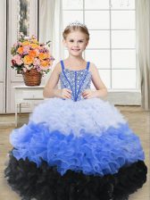  Multi-color Lace Up Straps Beading and Ruffles Kids Formal Wear Organza Sleeveless