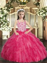  Hot Pink Lace Up High School Pageant Dress Beading and Ruffles Sleeveless Floor Length