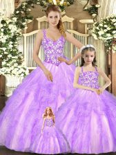 Delicate Lilac Ball Gowns Organza Straps Sleeveless Beading and Ruffles Floor Length Lace Up Quinceanera Dresses