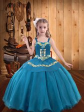 Super Ball Gowns Little Girls Pageant Gowns Teal Straps Organza Sleeveless Floor Length Lace Up