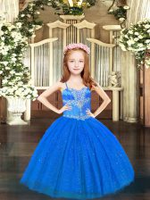  Blue Ball Gowns Beading Pageant Gowns For Girls Lace Up Tulle Sleeveless Floor Length