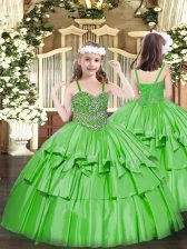 Top Selling Green Lace Up Child Pageant Dress Beading and Ruffled Layers Sleeveless Floor Length