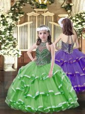 Latest Floor Length Green Pageant Dress Womens Organza Sleeveless Beading and Ruffled Layers