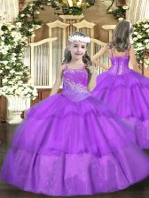 Attractive Straps Sleeveless Organza Little Girl Pageant Gowns Beading and Ruffled Layers Lace Up