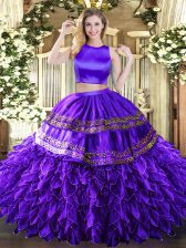 Fashionable Purple Sleeveless Tulle Criss Cross Sweet 16 Dress for Military Ball and Sweet 16 and Quinceanera