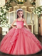  Watermelon Red Ball Gowns Organza Straps Sleeveless Appliques and Ruffles Floor Length Lace Up Pageant Dress for Teens