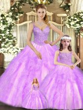 Flare Lilac Organza Lace Up Straps Sleeveless Floor Length Quince Ball Gowns Beading and Ruffles
