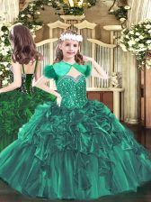 Adorable Floor Length Dark Green Pageant Dress Organza Sleeveless Beading and Ruffles