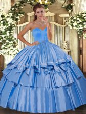 Ideal Sweetheart Sleeveless Sweet 16 Dress Floor Length Beading and Ruffled Layers Baby Blue Taffeta