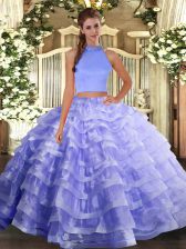  Lavender Quinceanera Gown Military Ball and Sweet 16 and Quinceanera with Beading and Ruffled Layers Halter Top Sleeveless Backless