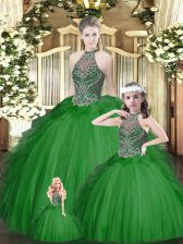 High Class Floor Length Lace Up Sweet 16 Dresses Green for Military Ball and Sweet 16 and Quinceanera with Beading and Ruffles