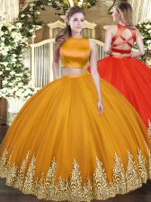 Custom Fit Orange Tulle Criss Cross High-neck Sleeveless Floor Length Quinceanera Dress Appliques