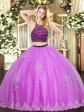  Sleeveless Tulle Floor Length Zipper Quinceanera Gown in Lilac with Beading and Appliques
