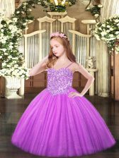  Spaghetti Straps Sleeveless Child Pageant Dress Floor Length Appliques Lilac Tulle