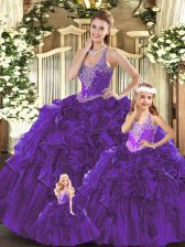 Stunning Purple Sleeveless Beading and Ruffles Floor Length 15th Birthday Dress