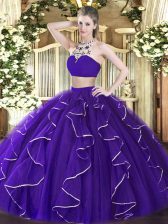 Superior Purple Tulle Backless High-neck Sleeveless Floor Length Vestidos de Quinceanera Beading and Ruffles