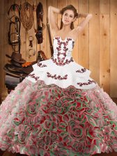 Discount Multi-color Strapless Lace Up Embroidery Quinceanera Dress Sweep Train Sleeveless