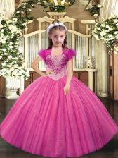  Straps Sleeveless Lace Up Little Girl Pageant Dress Hot Pink Tulle