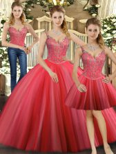 Dramatic Beading Sweet 16 Dress Coral Red Lace Up Sleeveless Floor Length