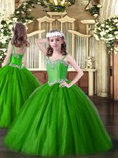  Ball Gowns Little Girls Pageant Dress Green Straps Tulle Sleeveless Floor Length Lace Up