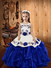 Custom Design Straps Sleeveless Lace Up Girls Pageant Dresses Royal Blue Organza