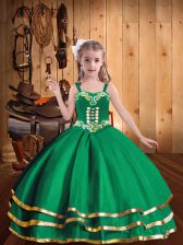  Floor Length Green Little Girls Pageant Gowns Organza Sleeveless Embroidery and Ruffled Layers