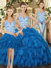 Eye-catching Three Pieces Ball Gown Prom Dress Blue Straps Organza Sleeveless Floor Length Lace Up