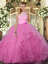 Flare Rose Pink Scoop Backless Beading and Ruffles Sweet 16 Quinceanera Dress Sleeveless