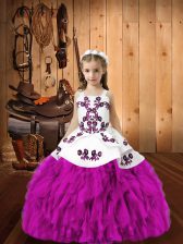 Perfect Fuchsia Ball Gowns Organza Straps Sleeveless Embroidery and Ruffles Floor Length Lace Up Girls Pageant Dresses
