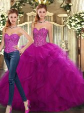  Fuchsia Two Pieces Sweetheart Sleeveless Organza Floor Length Lace Up Beading and Ruffles Ball Gown Prom Dress