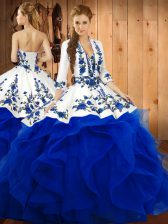 Smart Blue Lace Up Ball Gown Prom Dress Embroidery and Ruffles Sleeveless Floor Length