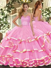  Rose Pink Ball Gowns Organza Sweetheart Sleeveless Ruffled Layers Floor Length Lace Up 15th Birthday Dress