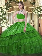  Green Sleeveless Tulle Backless 15 Quinceanera Dress for Military Ball and Sweet 16 and Quinceanera