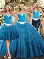 Shining Floor Length Teal Quince Ball Gowns Sweetheart Sleeveless Lace Up