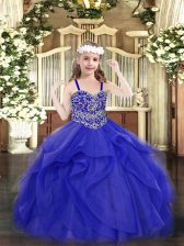  Straps Sleeveless Little Girls Pageant Dress Wholesale Floor Length Beading and Ruffles Blue Tulle