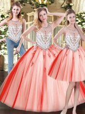  Red Three Pieces Beading Ball Gown Prom Dress Zipper Tulle Sleeveless Floor Length