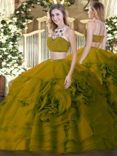 Custom Design Tulle High-neck Sleeveless Backless Beading and Ruffled Layers 15th Birthday Dress in Olive Green