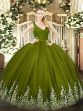  V-neck Sleeveless Quinceanera Dress Floor Length Beading and Ruffled Layers Olive Green Tulle