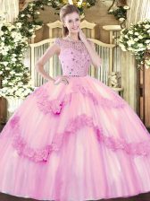  Sleeveless Floor Length Beading and Appliques Zipper 15 Quinceanera Dress with Rose Pink 