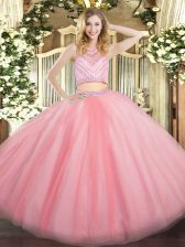 Traditional Sleeveless Tulle Floor Length Zipper Quinceanera Gown in Baby Pink with Beading