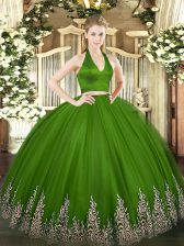 Fantastic Olive Green Tulle Zipper Halter Top Sleeveless Floor Length Quinceanera Dress Appliques