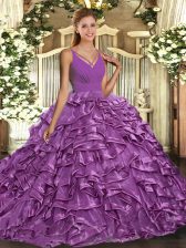  Organza V-neck Sleeveless Sweep Train Backless Ruffles 15 Quinceanera Dress in Lilac