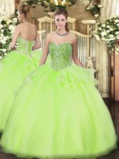  Floor Length Lace Up Quinceanera Gowns Yellow Green for Military Ball and Sweet 16 and Quinceanera with Beading and Ruffles