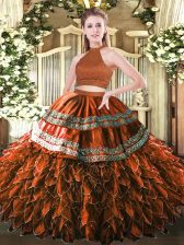 Suitable Rust Red Backless Halter Top Beading and Embroidery and Ruffles Quince Ball Gowns Satin and Organza Sleeveless