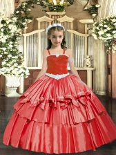  Coral Red Little Girl Pageant Dress Party and Quinceanera with Appliques and Ruffled Layers Straps Sleeveless Lace Up